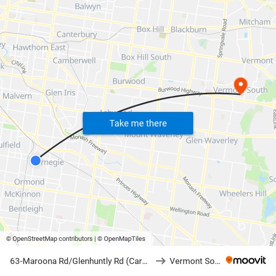 63-Maroona Rd/Glenhuntly Rd (Carnegie) to Vermont South map