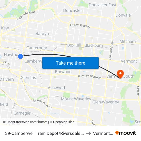39-Camberwell Tram Depot/Riversdale Rd (Hawthorn East) to Vermont South map