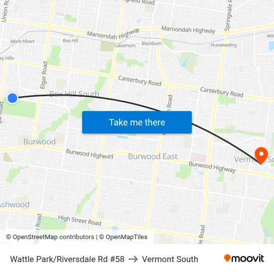 Wattle Park/Riversdale Rd #58 to Vermont South map