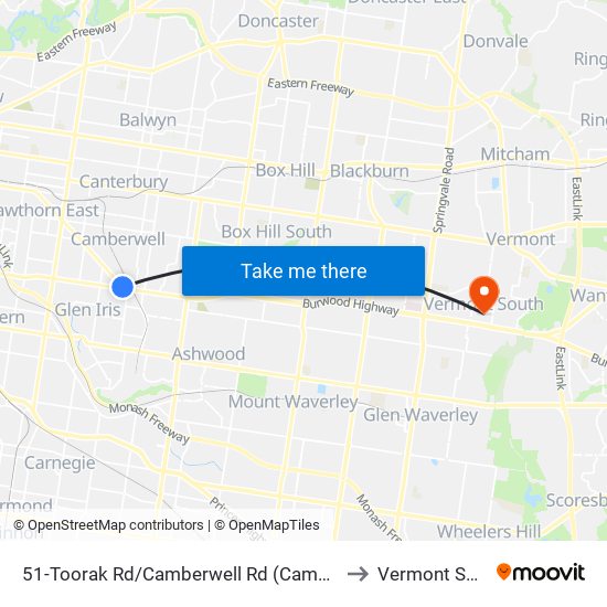 51-Toorak Rd/Camberwell Rd (Camberwell) to Vermont South map