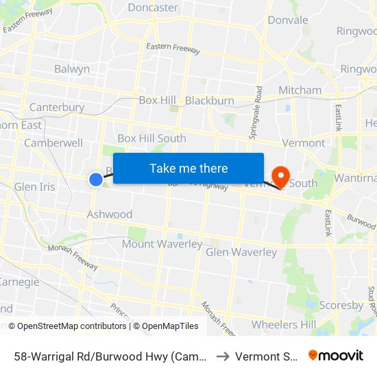 58-Warrigal Rd/Burwood Hwy (Camberwell) to Vermont South map