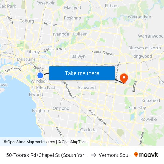 50-Toorak Rd/Chapel St (South Yarra) to Vermont South map