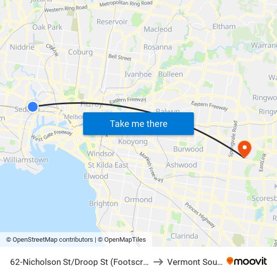 62-Nicholson St/Droop St (Footscray) to Vermont South map