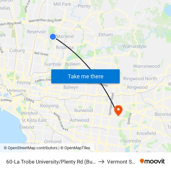 60-La Trobe University/Plenty Rd (Bundoora) to Vermont South map