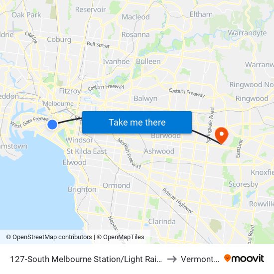 127-South Melbourne Station/Light Rail (South Melbourne) to Vermont South map