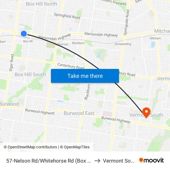 57-Nelson Rd/Whitehorse Rd (Box Hill) to Vermont South map