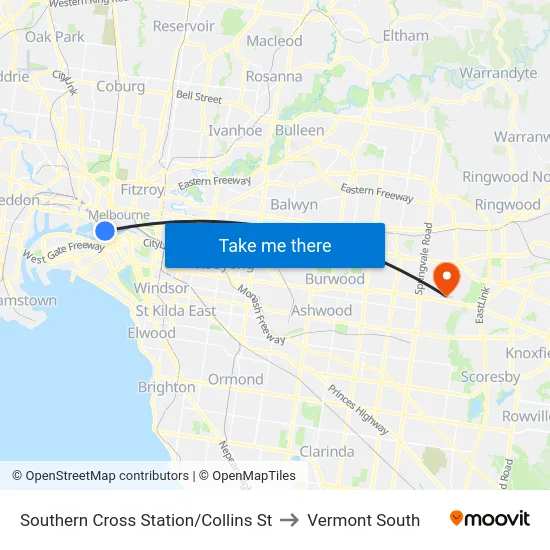 Southern Cross Station/Collins St to Vermont South map