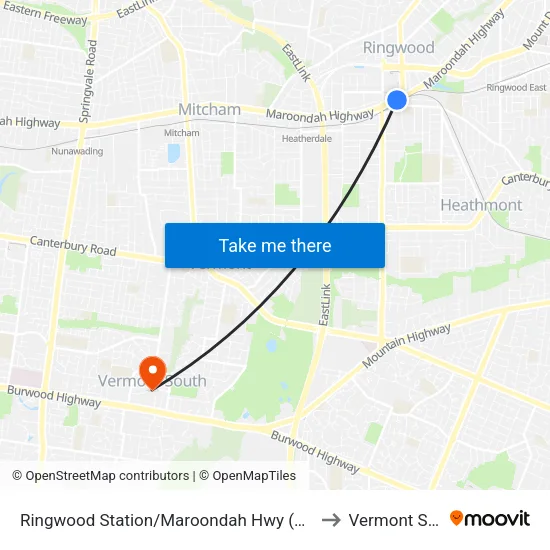 Ringwood Station/Maroondah Hwy to Vermont South map