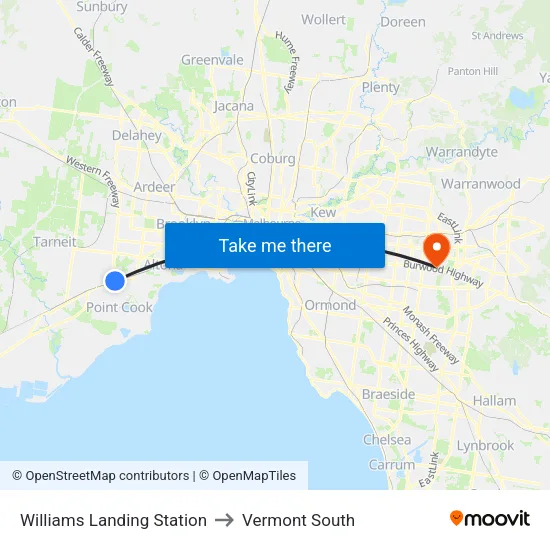 Williams Landing Station to Vermont South map