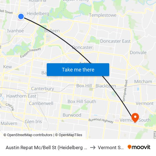 Austin Repat Mc/Bell St (Heidelberg Heights) to Vermont South map