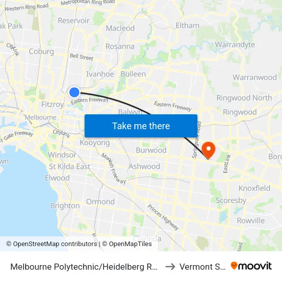 Melbourne Polytechnic/Heidelberg Rd to Vermont South map