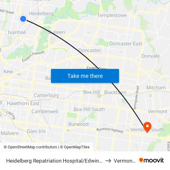 Heidelberg Repatriation Hospital/Edwin St (Heidelberg Heights) to Vermont South map