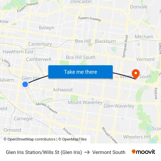 Glen Iris Station/Wills St to Vermont South map