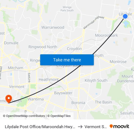 Lilydale Post Office/Maroondah Hwy (Lilydale) to Vermont South map