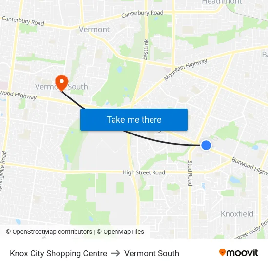 Knox City Shopping Centre to Vermont South map