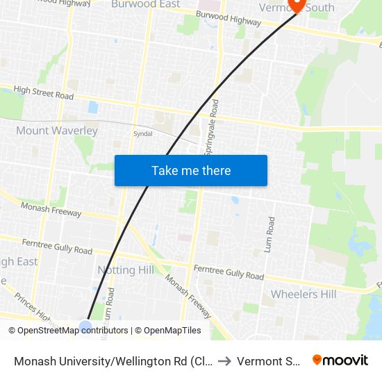 Monash University/Wellington Rd (Clayton) to Vermont South map
