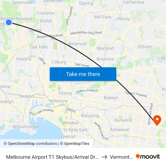 Melbourne Airport T1 Skybus/Arrival Dr to Vermont South map