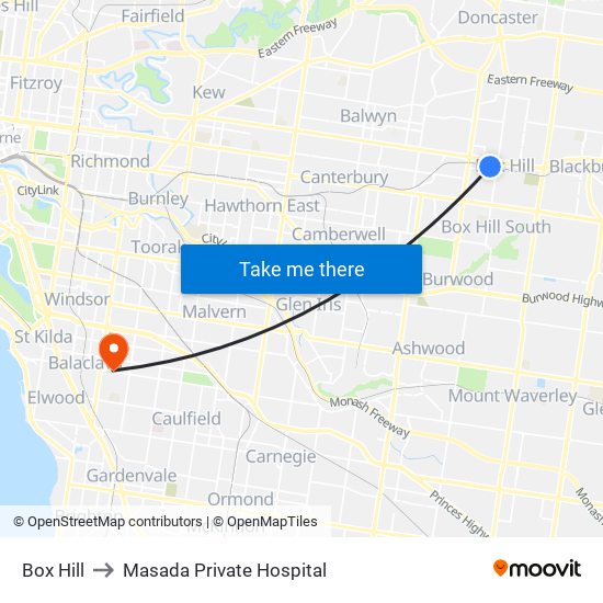 Box Hill to Masada Private Hospital map