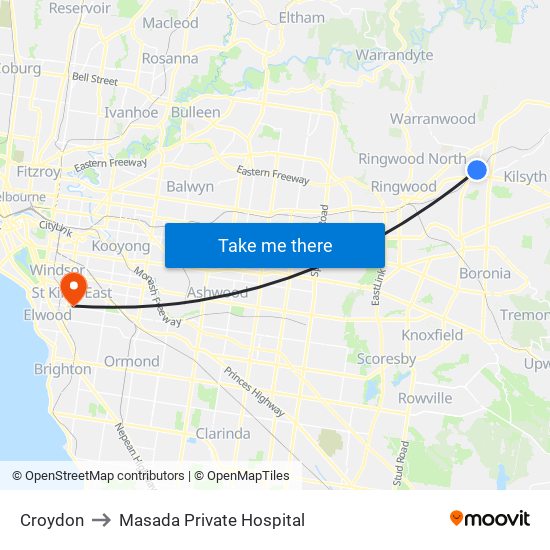 Croydon to Masada Private Hospital map