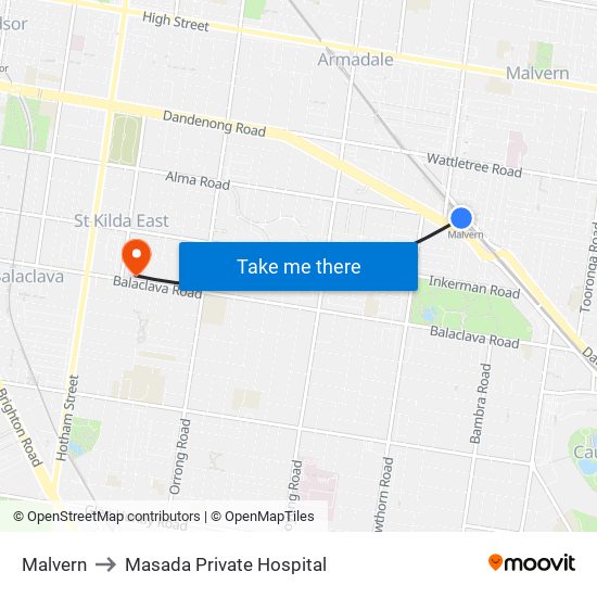 Malvern to Masada Private Hospital map