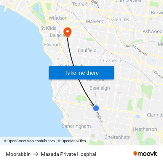 Moorabbin to Masada Private Hospital map