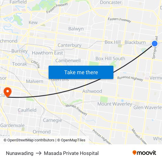 Nunawading to Masada Private Hospital map