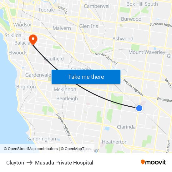 Clayton to Masada Private Hospital map