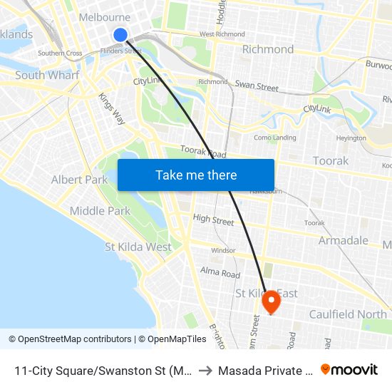 11-City Square/Swanston St (Melbourne City) to Masada Private Hospital map