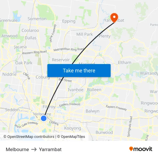 Melbourne to Yarrambat map