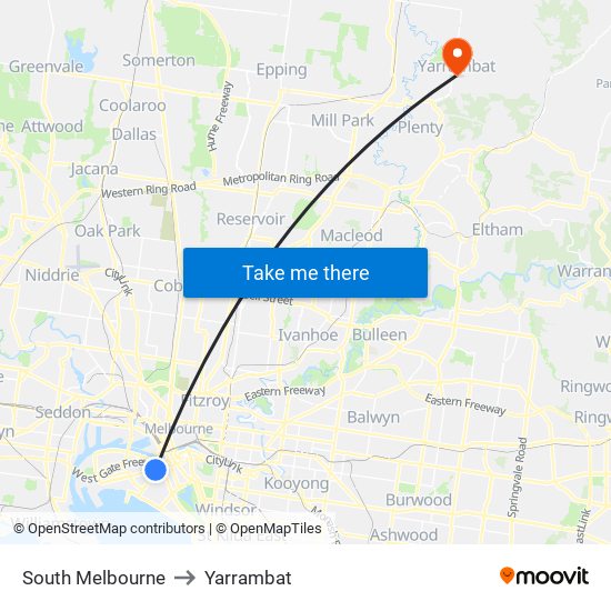 South Melbourne to Yarrambat map