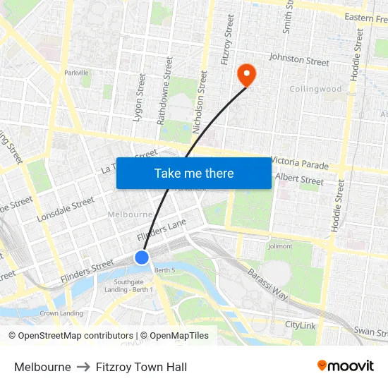Melbourne to Fitzroy Town Hall map