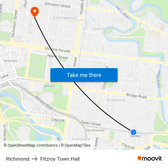 Richmond to Fitzroy Town Hall map