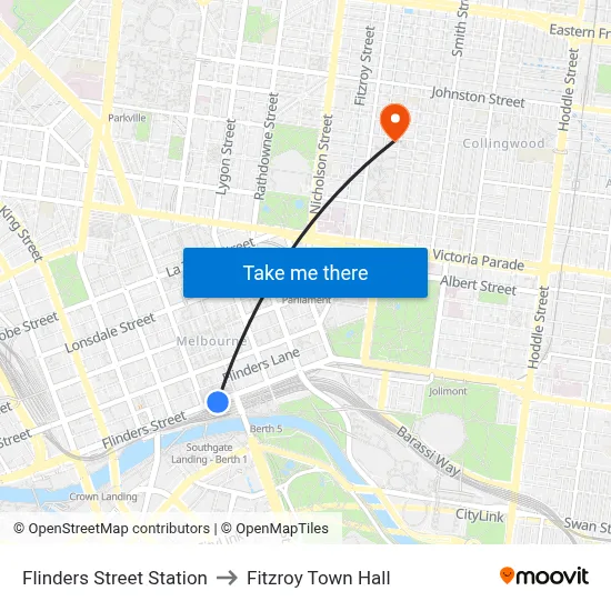 Flinders Street Station to Fitzroy Town Hall map