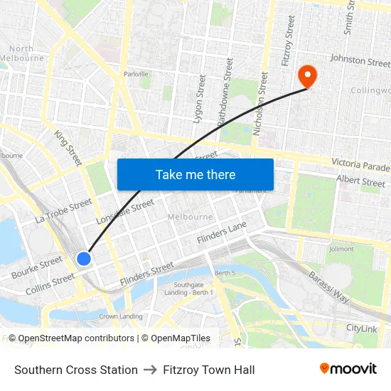 Southern Cross Station to Fitzroy Town Hall map