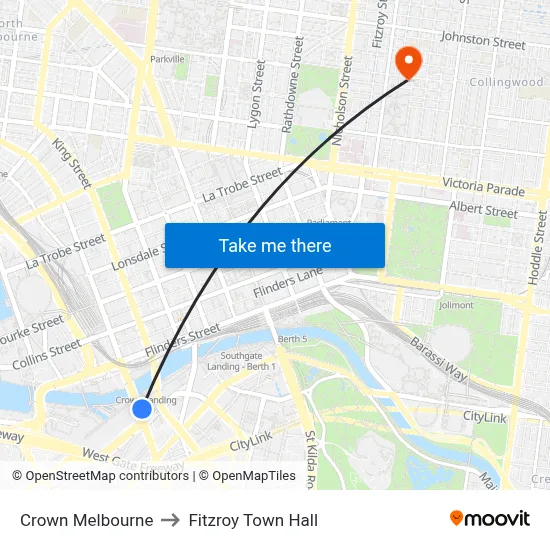 Crown Melbourne to Fitzroy Town Hall map