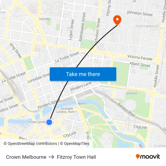 Crown Melbourne to Fitzroy Town Hall map