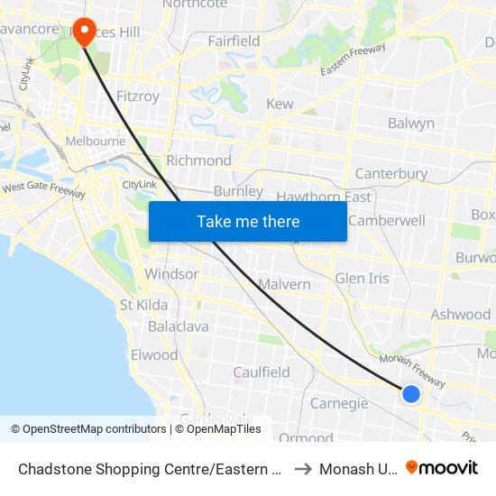 Chadstone Shopping Center/Eastern Access Rd (Malvern East) to Monash University map