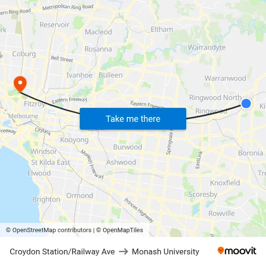 Croydon Station/Railway Ave to Monash University map
