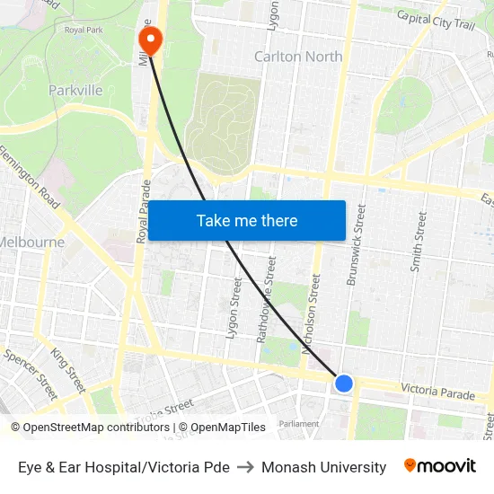 Eye & Ear Hospital/Victoria Pde to Monash University map