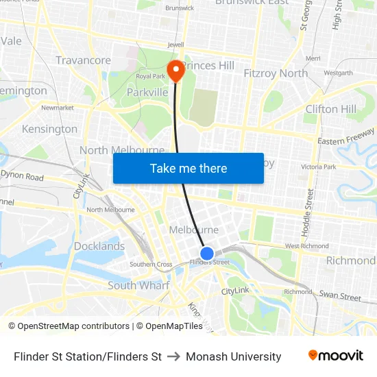 Flinder St Station/Flinders St to Monash University map