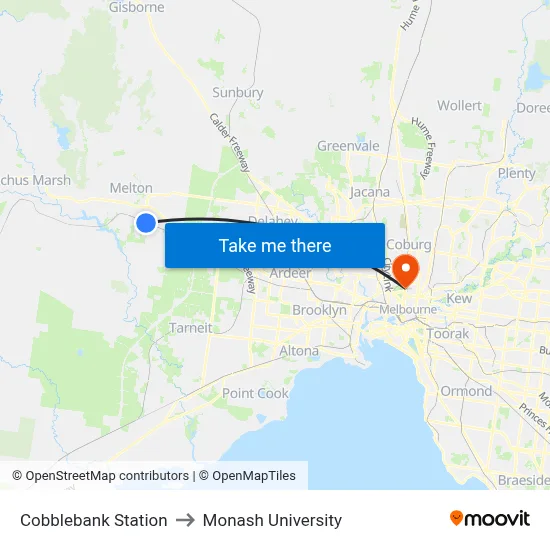 Cobblebank Station to Monash University map