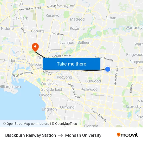 Blackburn Railway Station to Monash University map