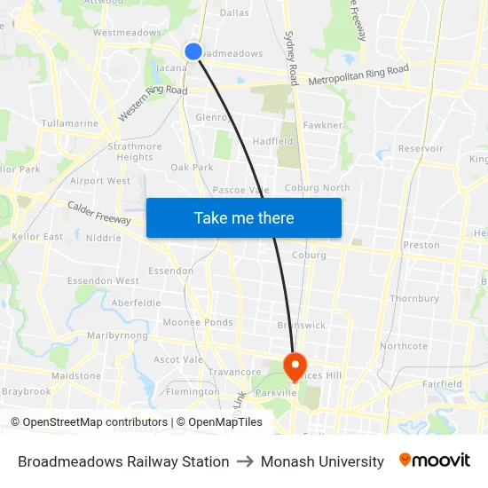 Broadmeadows Railway Station to Monash University map