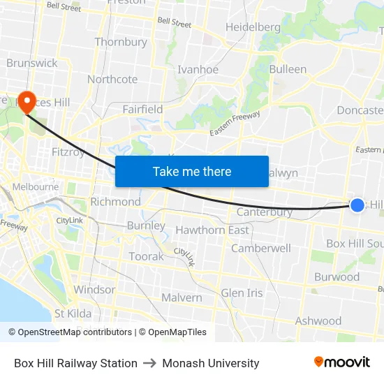 Box Hill Railway Station to Monash University map