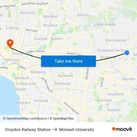 Croydon Railway Station to Monash University map