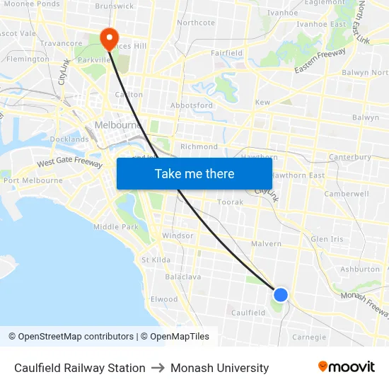 Caulfield Railway Station to Monash University map