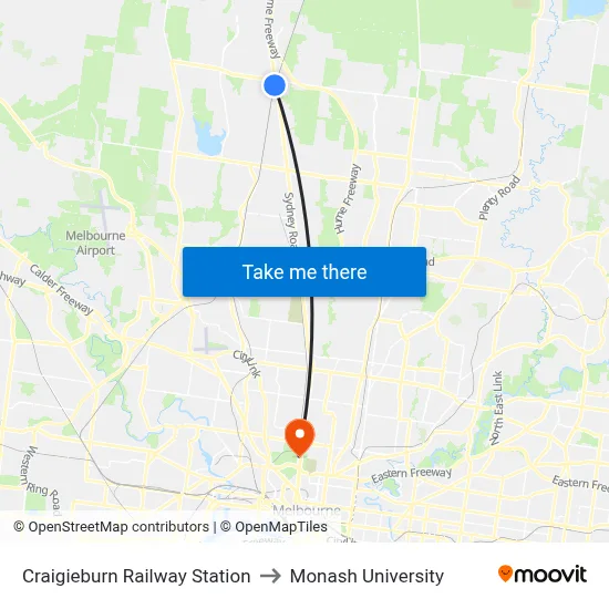 Craigieburn Railway Station to Monash University map