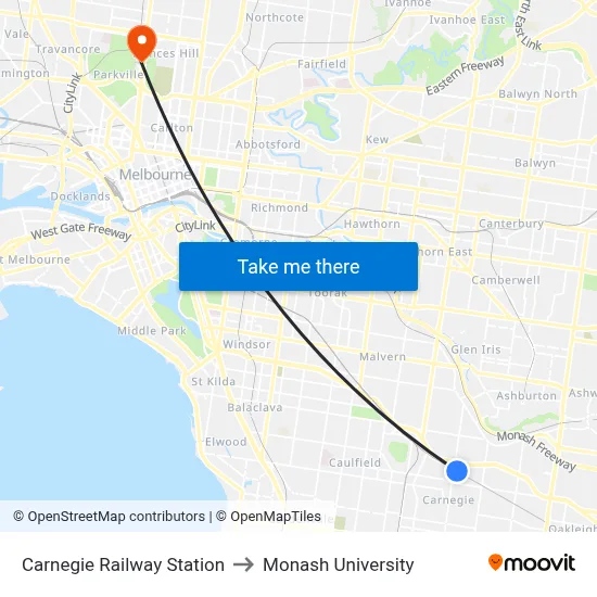 Carnegie Railway Station to Monash University map