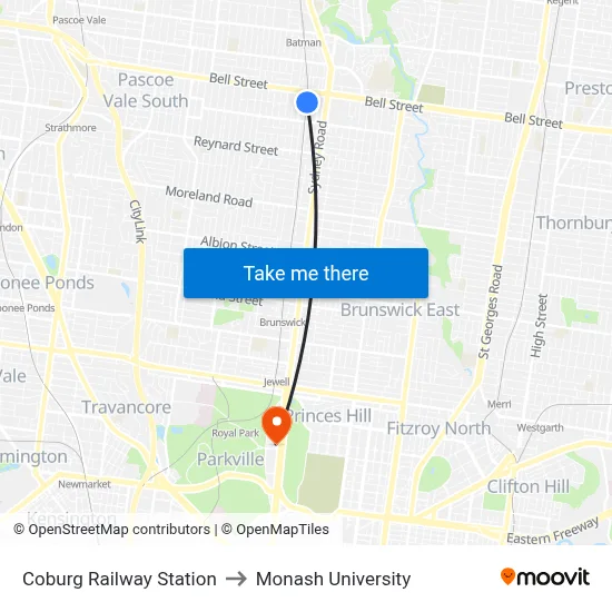 Coburg Railway Station to Monash University map