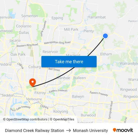 Diamond Creek Railway Station to Monash University map